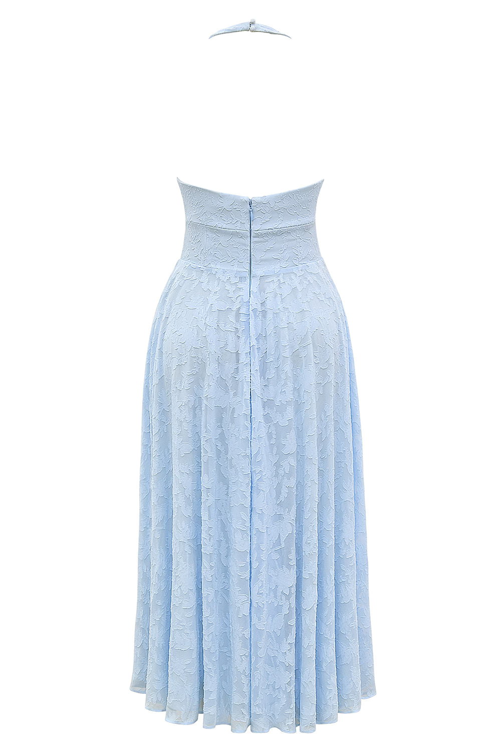 ARIETTA | Blue Jacquard Halter Midi Dress