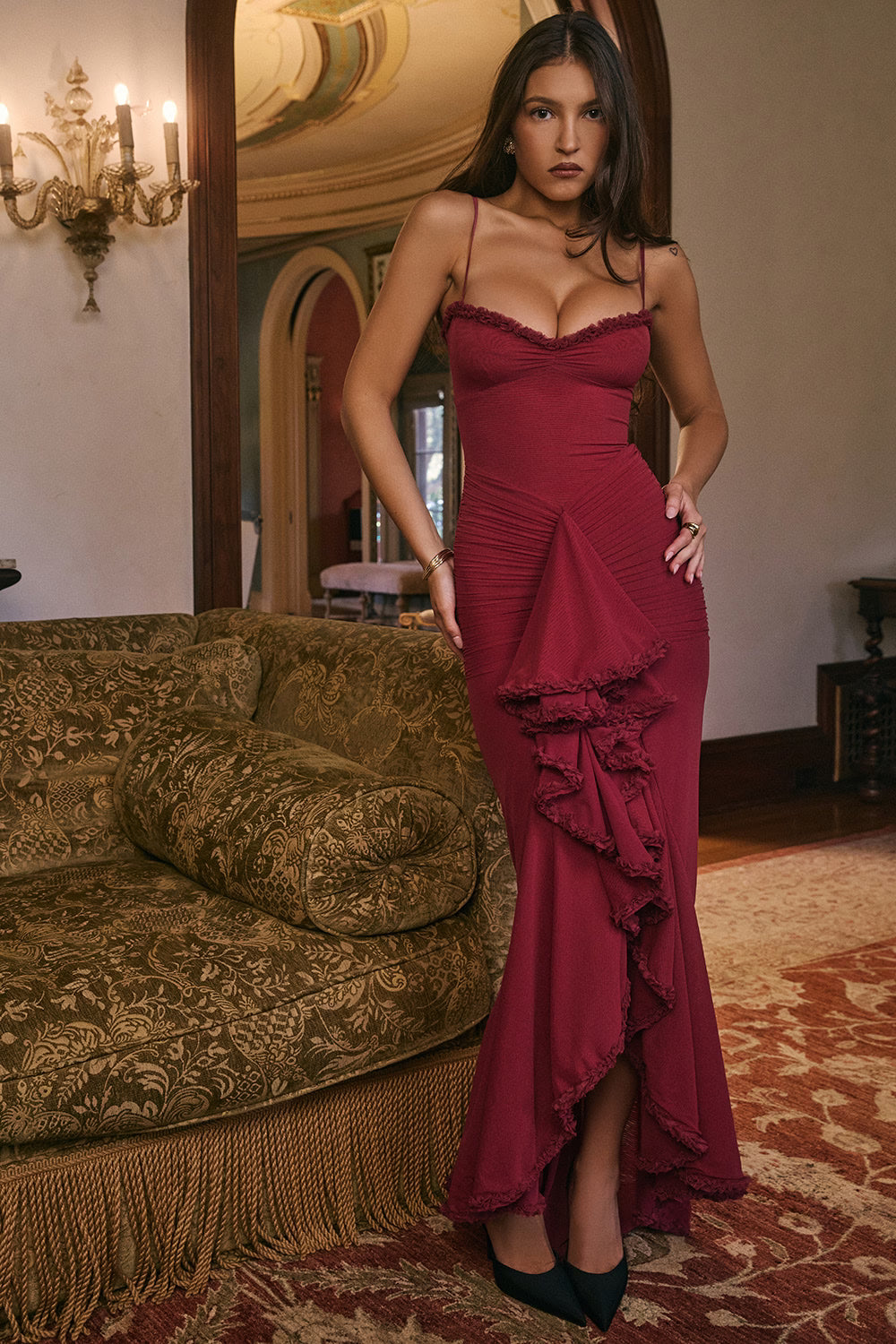 GABBI | Wine Ruffle Front Maxi Gown